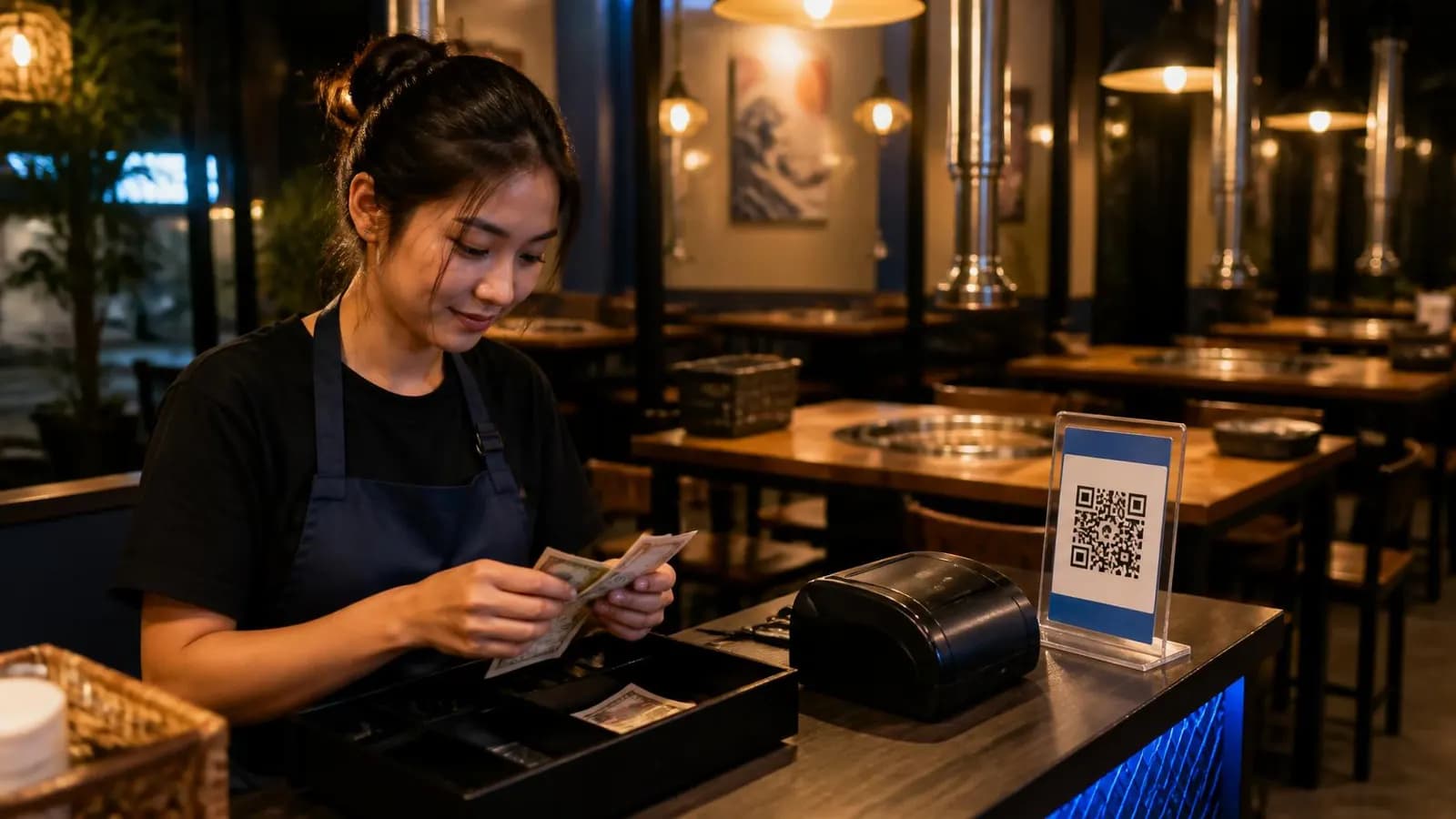 นับเงินสดในลิ้นชักตอนปิดร้าน ข้างป้าย QR พร้อมเพย์