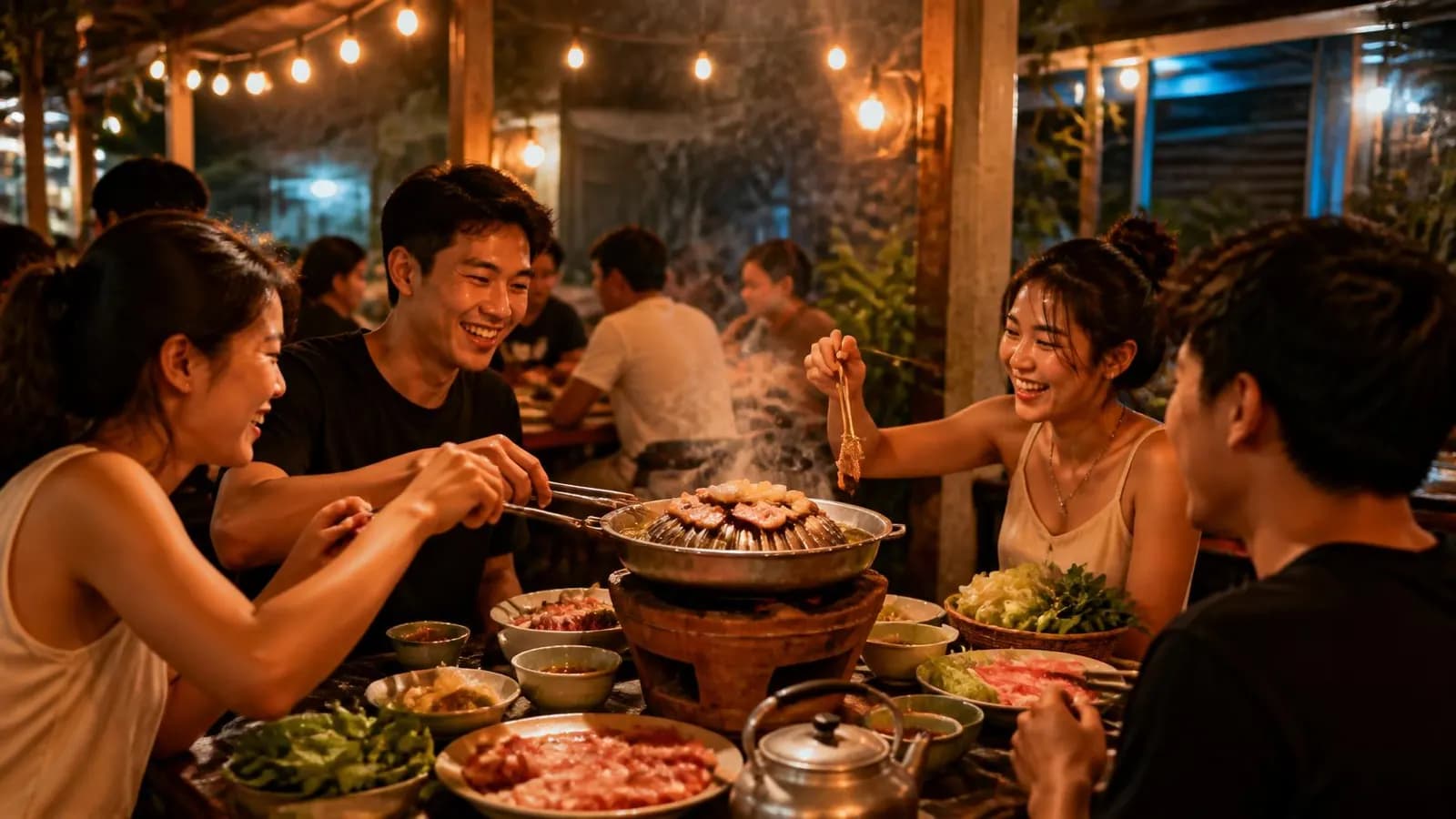 โต๊ะหมูกระทะยามค่ำในร้าน กลุ่มเพื่อนกำลังปิ้งย่างบนเตาถ่าน