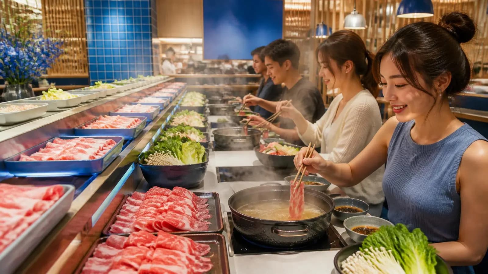 ร้านชาบูบุฟเฟ่ต์ ลูกค้าลวกเนื้อสไลซ์ในหม้อส่วนตัว